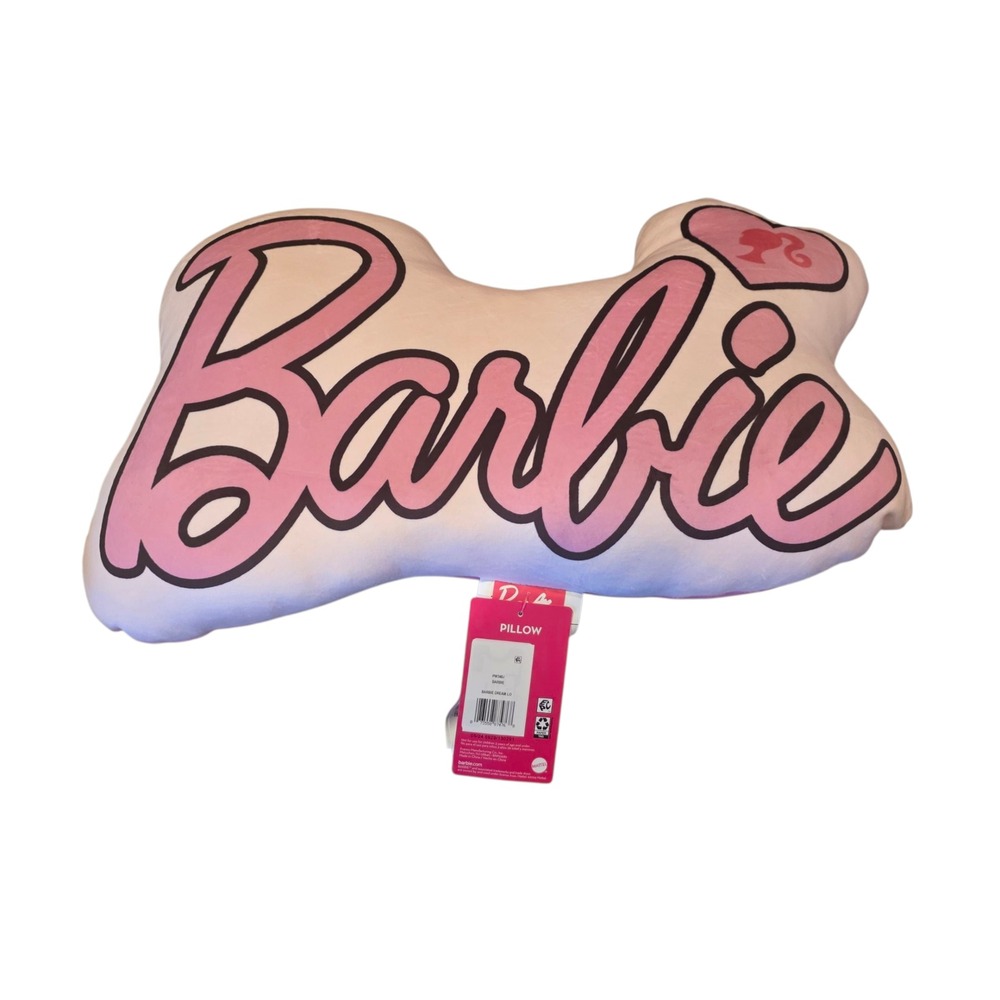 Barbie Logo Bone Shaped Pillow‎ Pink White Accent Bow Plush Fun Decor NWT